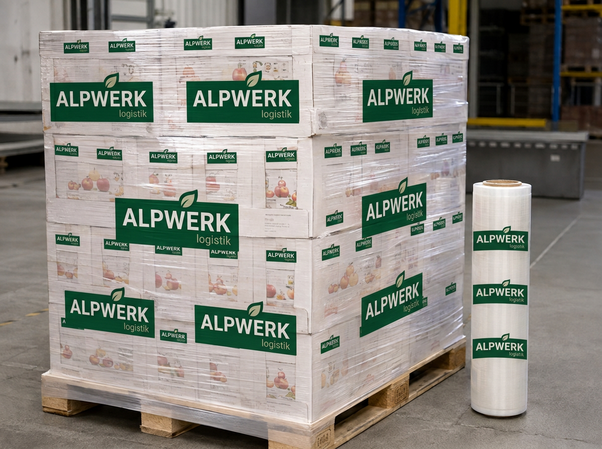 Palette mit Getränkekartons, gewickelt in bedruckter Stretchfolie mit zweifarbigem Logo